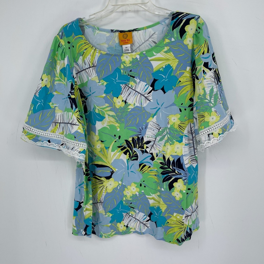 Ruby Rd. Women's Green Blue Tropical Lace Trim Flutter Sleeve Top Plus Size 2X
